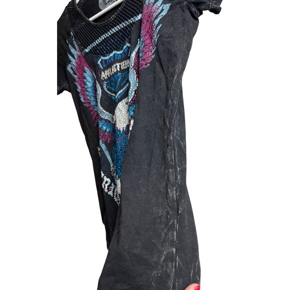 Affliction 1973 American Customs Women's Scoop Neck T-Shirt Black Lava X-Small - Picture 6 of 9